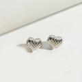 Polished silver heart stud earrings featuring a unique textured grid pattern surface - Grid Heart (Silver)