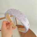 Purple hollow-out heart sponge headband with high crown design and beige lining detail - Purple