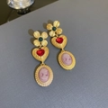 Orecchini d'oro vintage con trifoglio verde, cuore rosso e ciondoli cammeo rosa - Orecchini Retro Ritratto Cuore Rosa Perno Argento 925 / Orecchini d'Oro(HE10126)