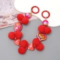 Red plush ball handmade beaded phone strap with heart charms and vintage aesthetic - Red Cameo Style (K2771)