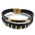 Bracciale multistrato da uomo in pelle nera intrecciata con perline in acciaio dorato - Stile B (KB146260-KLHQ) / Oro