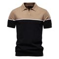 Detalle del cuello de polo de punto con diseño color-block y escote en V suave - S / Albaricoque