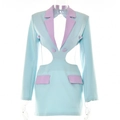 Detail view of the sky blue and lavender color-block blazer dress with waist cut-outs - S / Blue