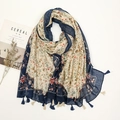 Floral print summer shawl with tassels in navy and beige cotton linen fabric - Dark Blue Floral Patchwork (XB026)