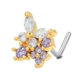 L-shaped gold nose stud with floral cluster of purple and clear cubic zirconia gems - BD00466 Gold/Flower Cluster Purple CZ
