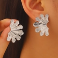 Modern silver irregular leaf earrings with pleated metal texture for summer beach style - Fan-shaped Embossed Leaf Shape (N-308) / Silver