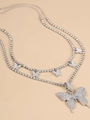 Silver double-layer Cuban tennis choker necklace with five rhinestone butterfly pendants - Silver 2-Piece Necklace Set (5 Butterflies + Large Butterfly)