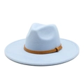 Light blue wide brim wool felt fedora featuring a brown faux leather band and metal buckle - M (56-58cm) / Sky Blue