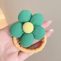 Haargummi mit grüner gestreifter Stoffblume, gelber Mitte und orangem Gummiband - Grüne Karoblume