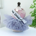 Detailed view of pink lace pet dress with grey tulle skirt and Miss Universe ribbon - Miss Universe Dress - Pink