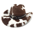Detail of plush cow print western hat with silver bull head ornament and metal studs - M (56-58cm) / Straight Top / Coffee