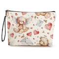 Cream makeup bag with winged bear and heart prints featuring a black top handle - Watercolor Bear with Envelope (Style 3)