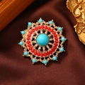 Vintage Brosche mit Türkis und Korallenperlen auf elegantem Seidenstoff - Künstliche Türkis Scheibe-Bunt Gemischt