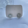 Vintage silver hollow heart stud earrings with radiant sunburst design on display card - Radiating Heart / Steel