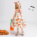 Girl Halloween pumpkin dress with white base, orange prints and matching handbag - 130cm / WS013-White (With Bag)
