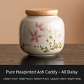 Miniature ceramic tea jar with hand-painted daisy pattern and airtight wooden lid - Hand Painted Straw Ash - Daisy