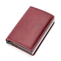 Slim RFID wallet in wine red lychee leather with silver aluminum pop-up card case holder - PU Red