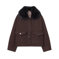 Women's French vintage dark brown twill jacket with a large black faux fur collar - XS / Coffee