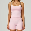 Ensemble de yoga sans couture rose clair avec débardeur à liseré blanc et short de sport taille haute - S / Vest+Shorts - Contrast Pink/White