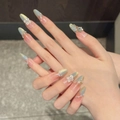 Faux ongles faits main dégradé bleu rose avec fleurs 3D et perles décoratives - XS / Ovale Long (2895)