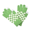 Detailed view of green and white checkerboard knit gloves with touchscreen tips. - Green