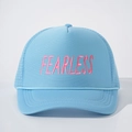 Blue mesh trucker hat with pink Fearless embroidery and decorative rope detail for outdoor wear - Sky Blue