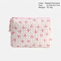Quilted pink bow makeup bag with pearl star zipper charm and large storage capacity - Pink White Bow Clutch