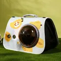 Portable blue pet carrier with cartoon cat print and brown space capsule bubble window - Mango Cat