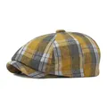 British style newsboy cap featuring yellow and grey plaid pattern in cotton linen fabric - One Size (Elastic) / Yellow Plaid