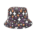 Cappello a secchiello Halloween nero con fantasmi, zucche e cappelli da mago - Viola (Stampa Tutti gli Elementi di Halloween)