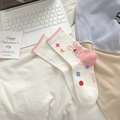 Cozy white cotton crew socks with pink rabbit and moon patterns for women - White Rabbit