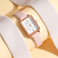 Elegante orologio da donna rettangolare con cinturino in pelle rosa e cassa dorata - Rosa