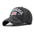 Close-up of distressed cotton baseball cap with AMERICA 1776 embroidery and US flag - Adjustable / Black