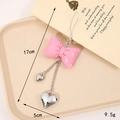 Pink puffy leather bow keychain with silver heart charms on metallic chains, 17cm long - Barbie Pink String Loop (K3691)