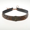 Western style brown and black leather hat band with brass bull skull buckle and rivets - 56-58cm / Brown and Black Patchwork Bull Skull Studded Wide Belt (AB61)