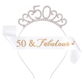 50th birthday party set with rhinestone number 50 tiara and white satin sash with gold text - 50th Birthday Silver Tiara White Sash