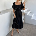 Bohemian black square neck dress with open back and white contrast ruffle trim - S / Black
