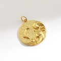Gold round pendant with dolphin and wave relief design on white background - 05-Round Dolphin Wave