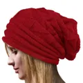 Close-up of dark red knitted beanie featuring a 3D diamond pattern and thick wool texture - Red
