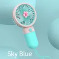 Macro view of portable mini fan in sky blue and pink colors with a soft lanyard - Sky Blue Flower