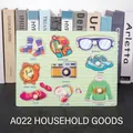 Educational wooden peg puzzle for kids with 9 daily object shapes and easy-to-grip handles - A022 Daily Necessities Recognition