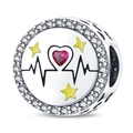 Silver bead charm with red heart gem, heartbeat line and yellow stars detailing - PAC323-Heartbeat Round Charm