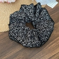 Retro black satin hair scrunchie with white floral pattern and lace trim detail - Black Floral Fabric (23#)