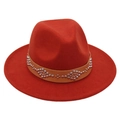 Detail of red wool fedora hat featuring a brown leather band and silver metal rivets - M (56-58cm) / Rust red