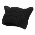 Handmade black knitted cat ear beanie hat with cozy crochet texture for winter warmth - Solid Black