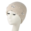 Beige knit beanie for women featuring sparkling rhinestones and elegant pearls - Beige