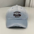 Detailed view of a light blue distressed baseball cap with Reality embroidery on it. - One Size (58-60cm) / Blue