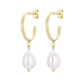 Elegantes pendientes de aro de acero bañados en oro de 18K con colgantes de perlas - Estilo de Perla de Gota Lisa (KE106218-WGJD)