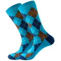 Classic argyle pattern cotton mid-calf socks in navy blue, sky blue, and brown tones - Coffee Blue Squares