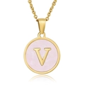 18k gold plated stainless steel necklace with pink shell round pendant and letter V - Gold Initial V (5022001470555)